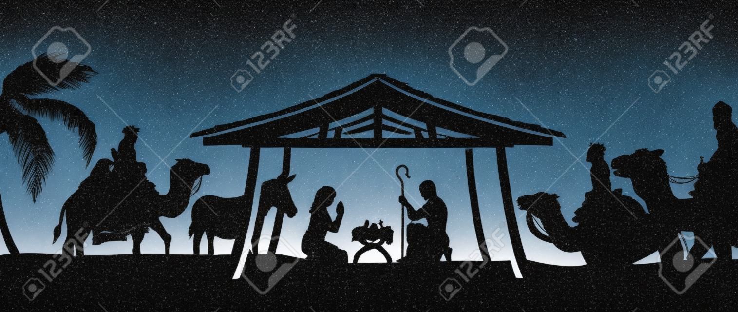 Scène de la Nativité de Noël de l'enfant Jésus dans la crèche avec Marie et Joseph en silhouette entourée par les animaux et les trois hommes sages