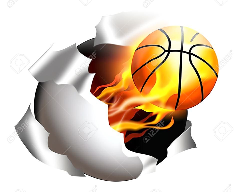 Eine Abbildung eines brennenden lodernden Basketball Ball auf Feuer ein Loch in den Hintergrund zu reißen