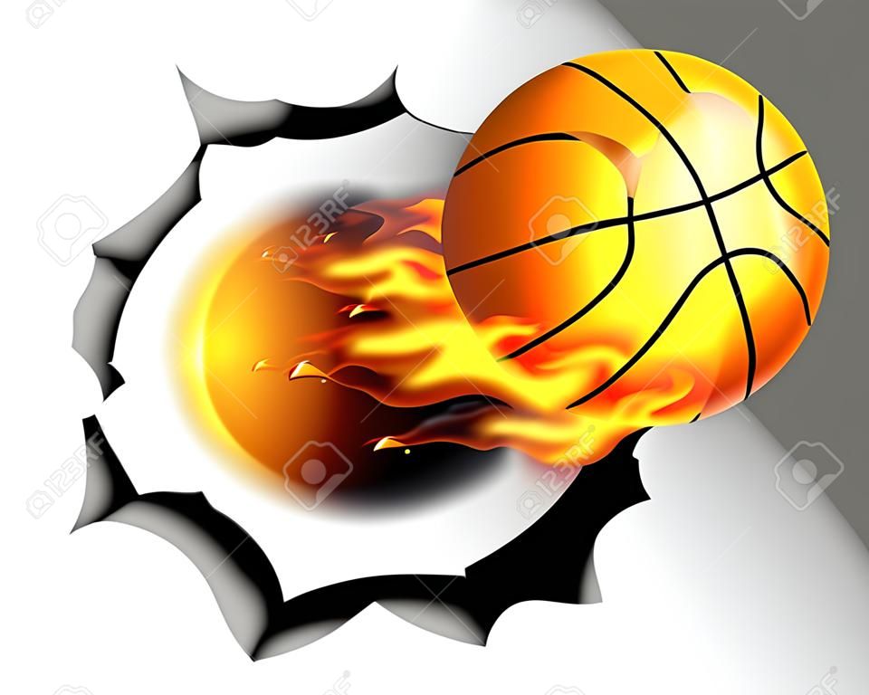 Eine Abbildung eines brennenden lodernden Basketball Ball auf Feuer ein Loch in den Hintergrund zu reißen