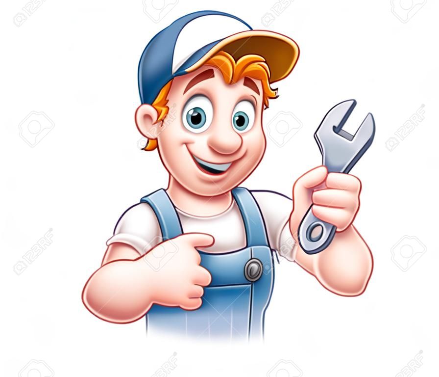 Un personnage de dessin animé de plombier ou mécanicien bricoleur tenant une clé et pointant