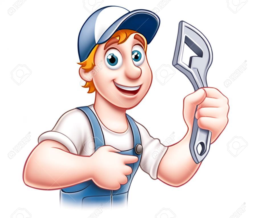 A plumber or mechanic handyman cartoon character holding a spanner and pointing