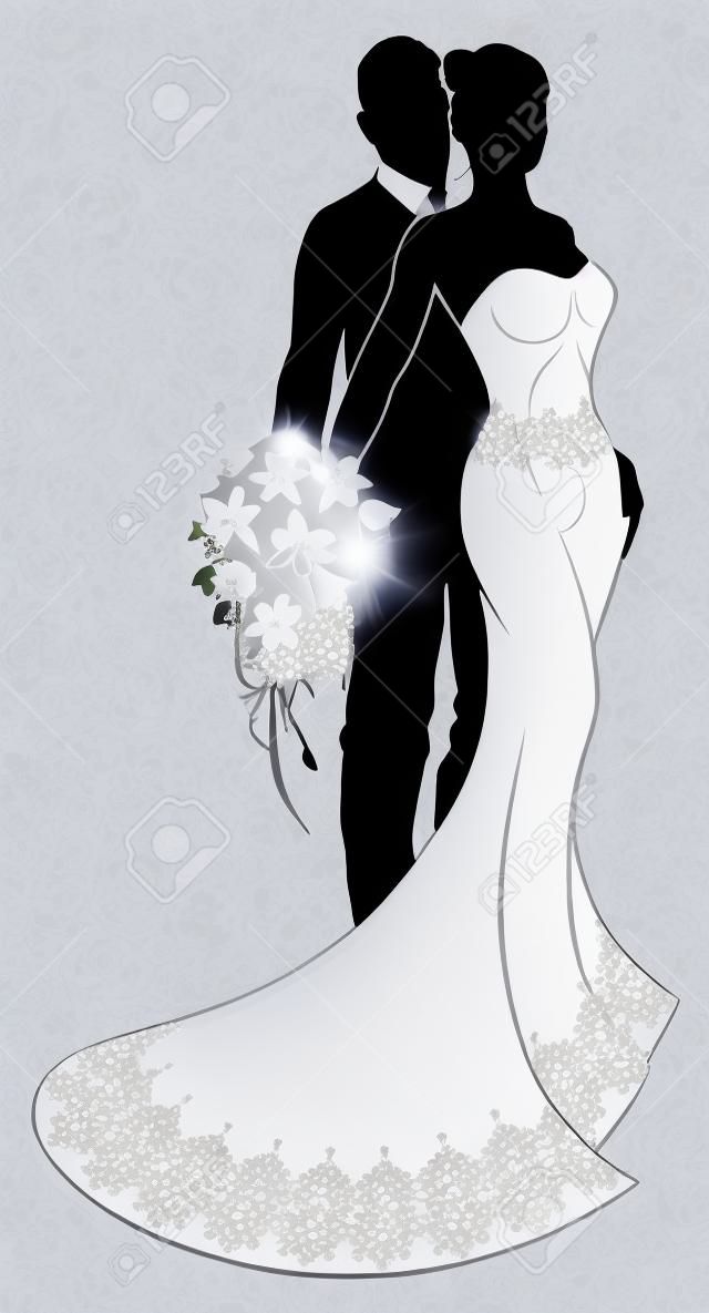Para ślub Bride oraz oczyszczenie sylwetką z oblubienicy w biały wzór sukni ślubnej sukni gospodarstwa kwiatowy bukiet kwiatów
