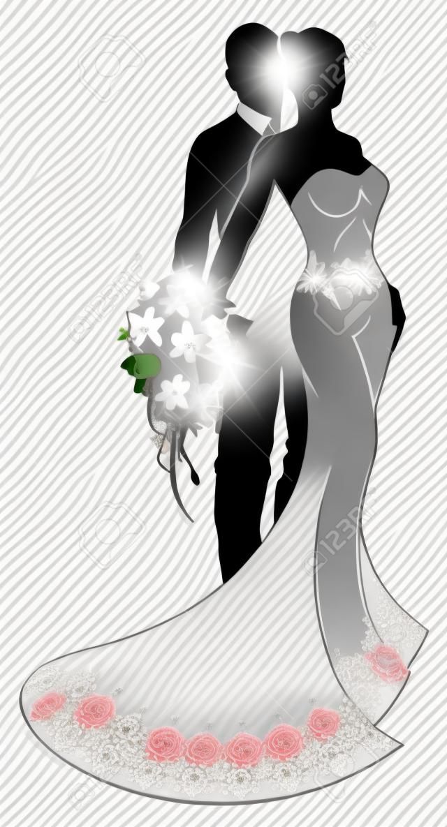 白の模様のブライダルの花嫁と結婚式カップルの新郎新婦シルエット ドレス花の花の花束を保持