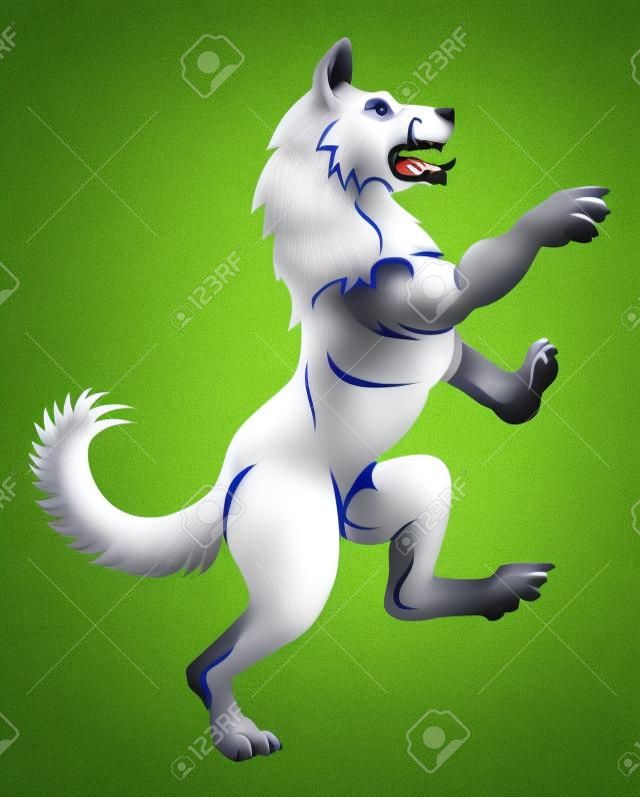 Un perro mascota o un animal lobo en un escudo heráldico desenfrenado posan de pie sobre las patas traseras
