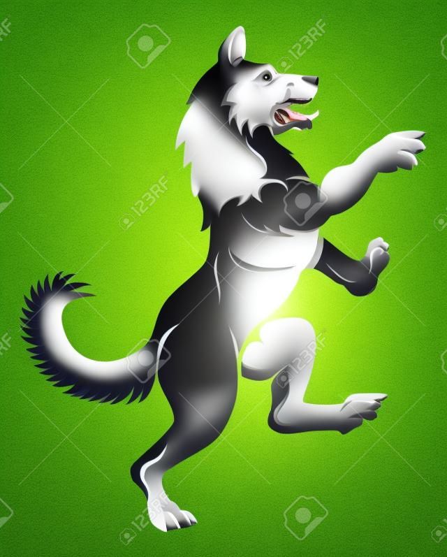 A pet dog or wolf animal in a rampant heraldic coat of arms pose standing on hind legs