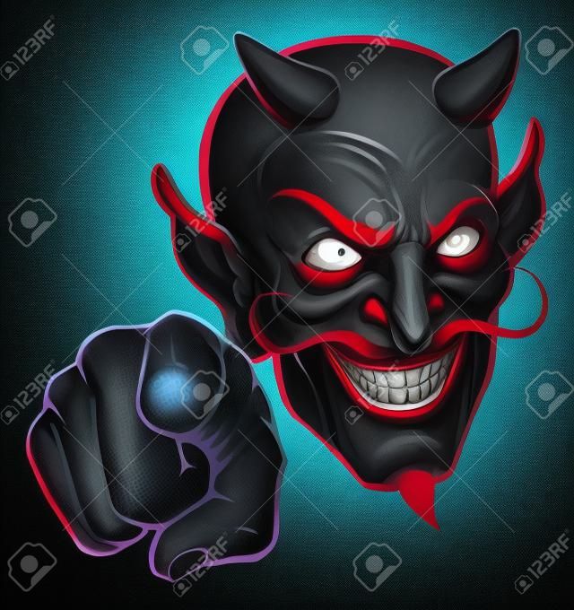 An evil looking devil character pointing at the viewer