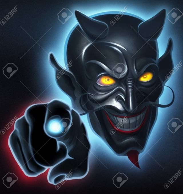 An evil looking devil character pointing at the viewer