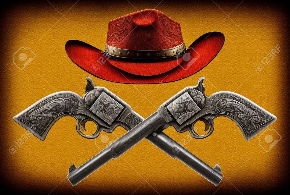 Ковбойская западная шляпа и пара скрещенных пистолетных пушек в старинном выгравированном гравированном стиле.