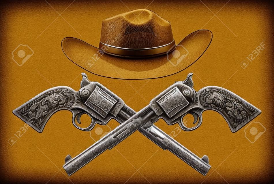 A cowboy western hat and pair of crossed pistol guns in a vintage etched engraved style.