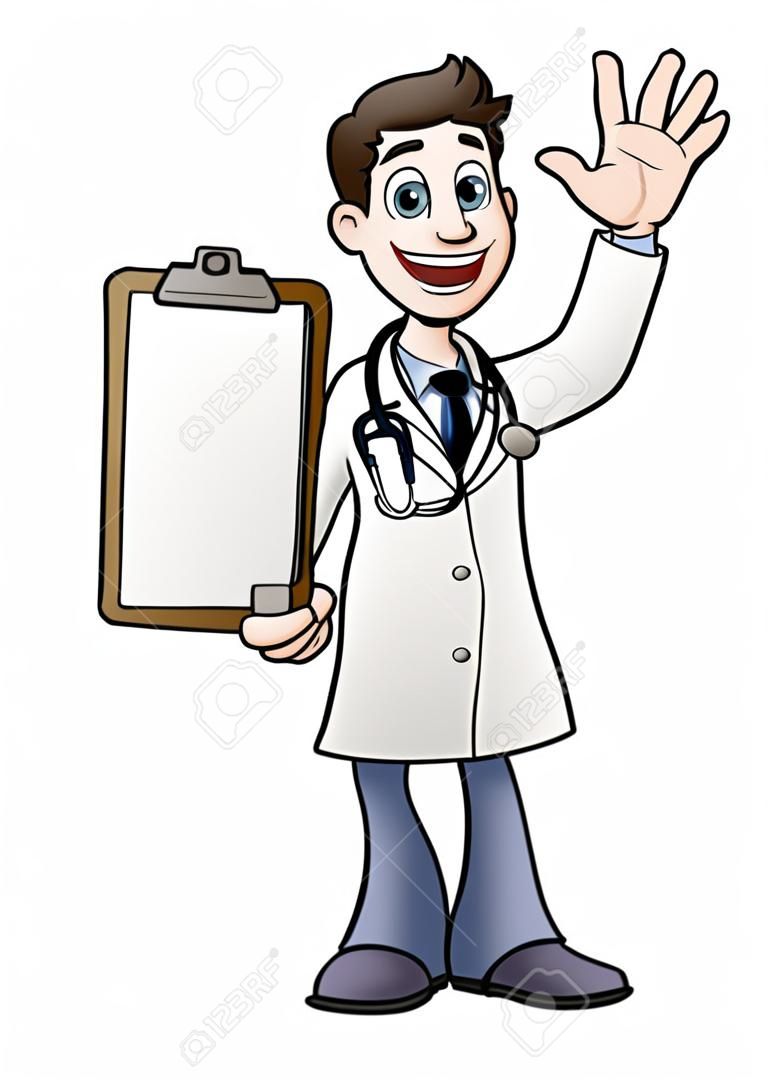 A doctor cartoon character holding a clip board and waving