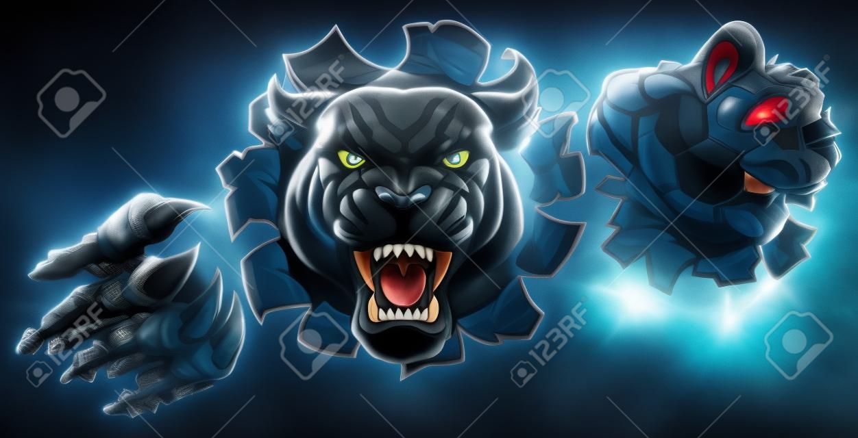 Schwarzes Panther-Fußball-Maskottchen, das Hintergrund bricht