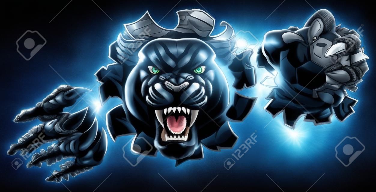 Schwarzes Panther-Fußball-Maskottchen, das Hintergrund bricht