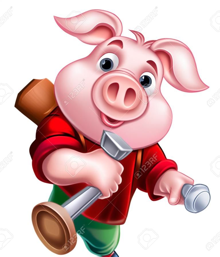 Postać z kreskówki świnia konstruktora lub stolarza trzymająca młotek. Może być jedną z trzech małych świnek, które zbudowały swój dom z drewna