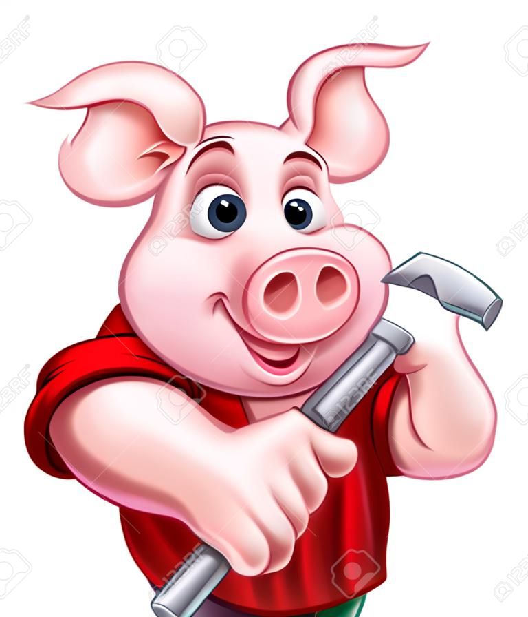 ハンマーを持つビルダーや大工豚の漫画のキャラクター。木の家を建てた3匹の小さな豚のうちの1匹かもしれない