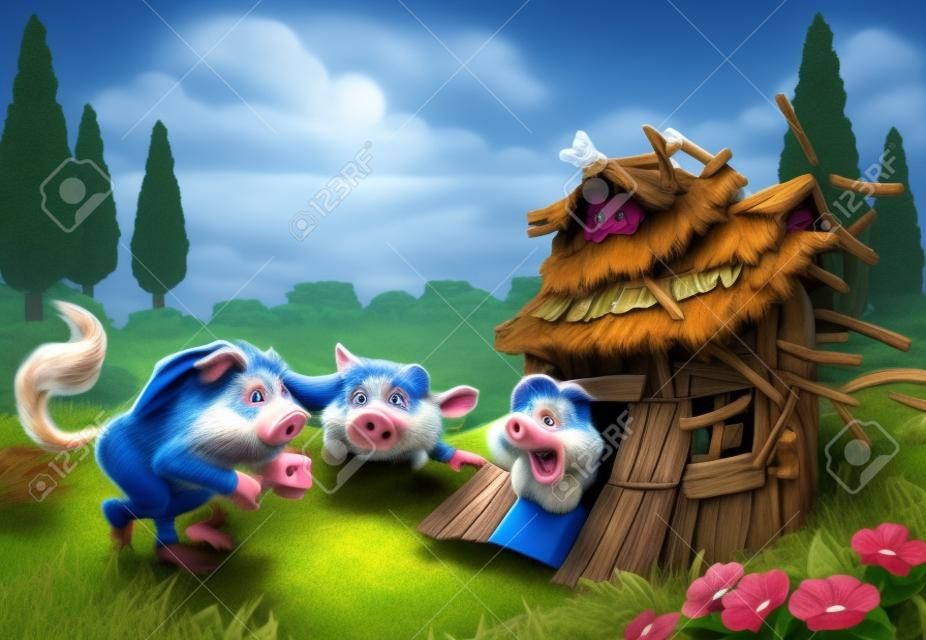 家を吹き飛ばす3匹の子豚ビッグバッドウルフ