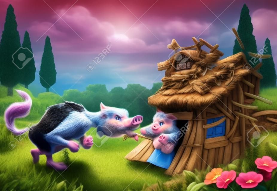 Three Little Pigs Big Bad Wolf Blowing Down House