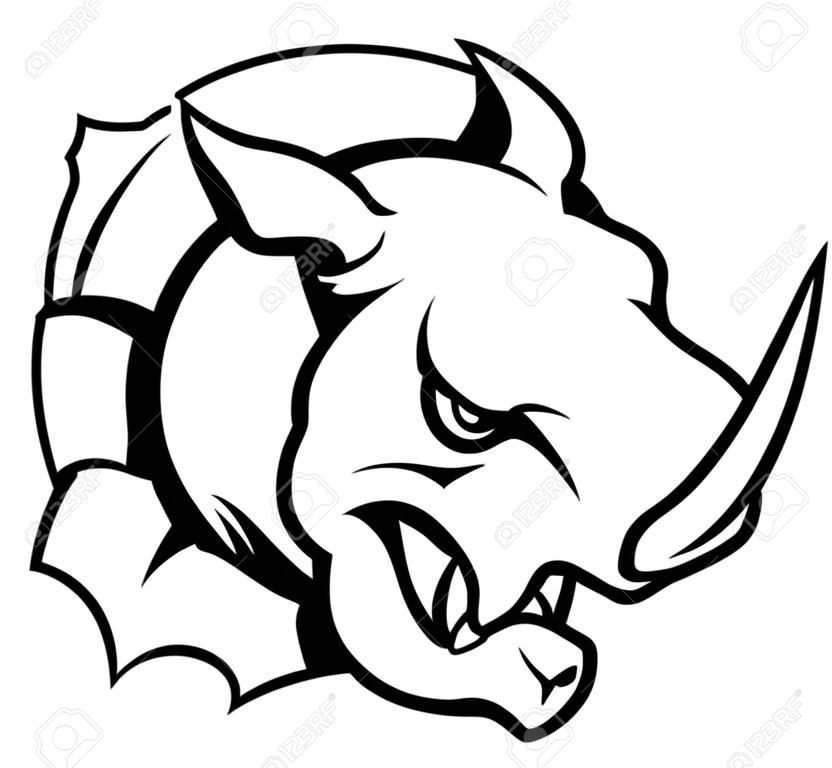코뿔소 또는 코뿔소는 배경을 통해 스매싱 화난 동물 스포츠 마스코트 만화 머리를 의미합니다.