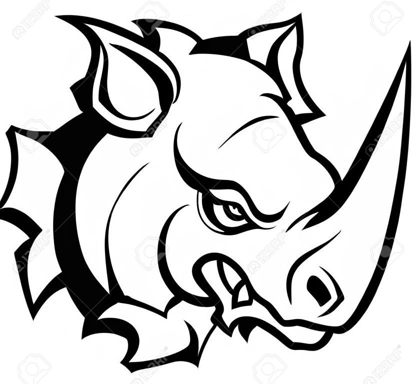 Nosorożec lub nosorożec oznacza zły sport zwierząt maskotka kreskówka głowa rozbijając się przez tło.