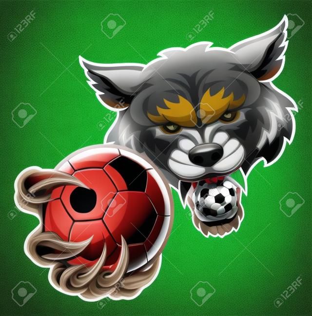 Wilk trzyma maskotkę piłka nożna piłka nożna