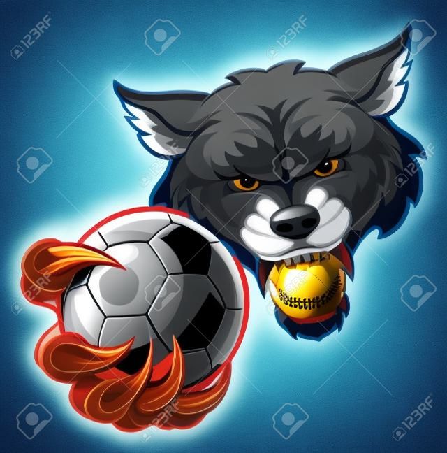 Loup tenant la mascotte de ballon de football de football