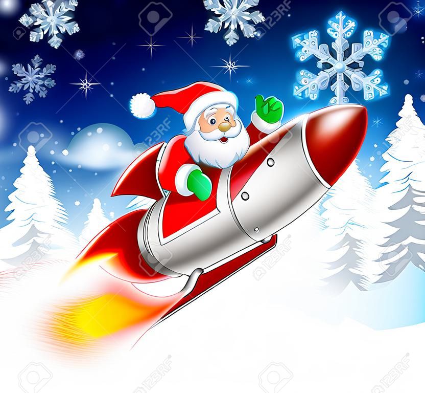 Santa Claus in his Christmas space rocket sleigh flying over a winter wonderland snowy landscape