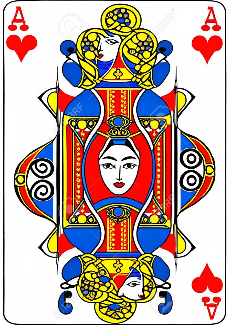 Un naipe Queen of Clubs en amarillo, rojo, azul y negro de un nuevo y moderno diseño de baraja completa original. Tamaño de póquer estándar.
