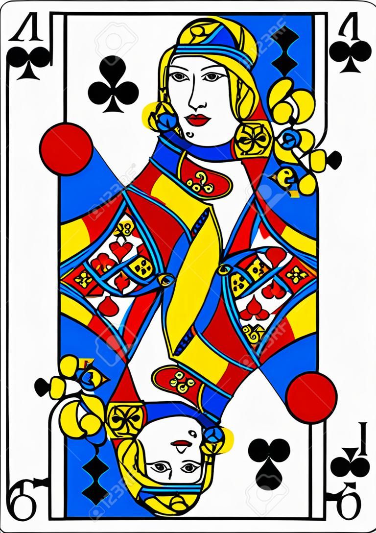 A playing card Queen of Clubs in yellow, red, blue and black from a new modern original complete full deck design. Standard poker size.