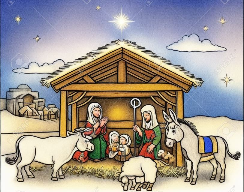Una caricatura de la escena del colorante de la natividad de Navidad, con el niño Jesús, María y José en el pesebre con burro y otros animales. La ciudad de Belén y la estrella de arriba. Ilustración religiosa cristiana.