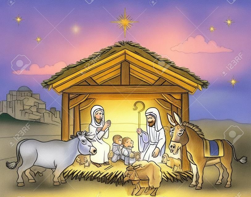 A Christmas nativity coloring scene cartoon, with baby Jesus, Mary and Joseph in the manger with donkey and other animals. The City of Bethlehem and star above. Christian religious illustration.