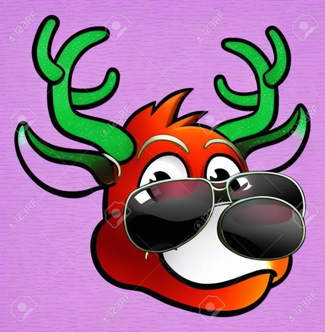 An illustration of a cool reindeer Christmas cartoon character wearing shades or sunglasses