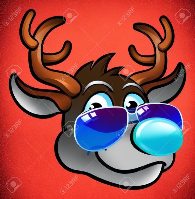 An illustration of a cool reindeer Christmas cartoon character wearing shades or sunglasses
