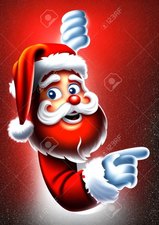 Santa Claus Christmas cartoon character peeking around a sign and pointing