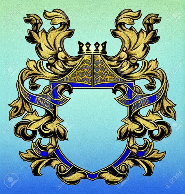 A coat of arms crest heraldic medieval knight or royal family shield. Blue and yellow vintage motif with filigree leaf heraldry.