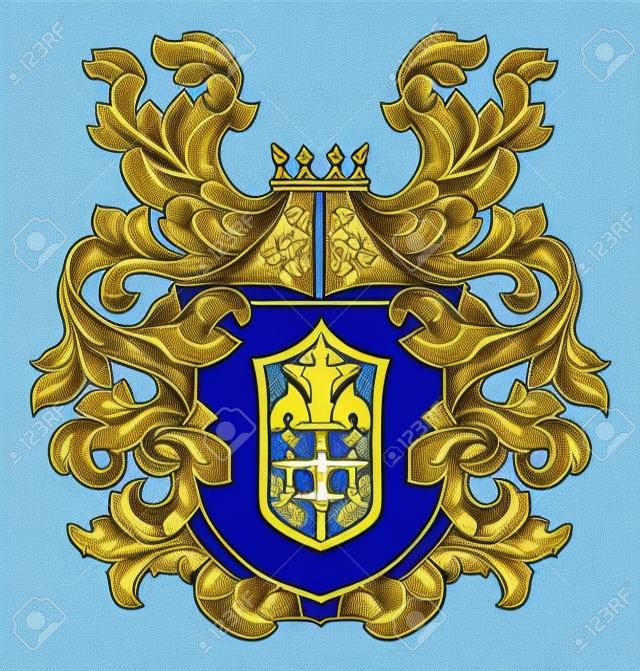 Um brasão de brasão heráldico cavaleiro medieval ou escudo da família real. Motivo vintage azul e amarelo com heráldica de folha filigrana.