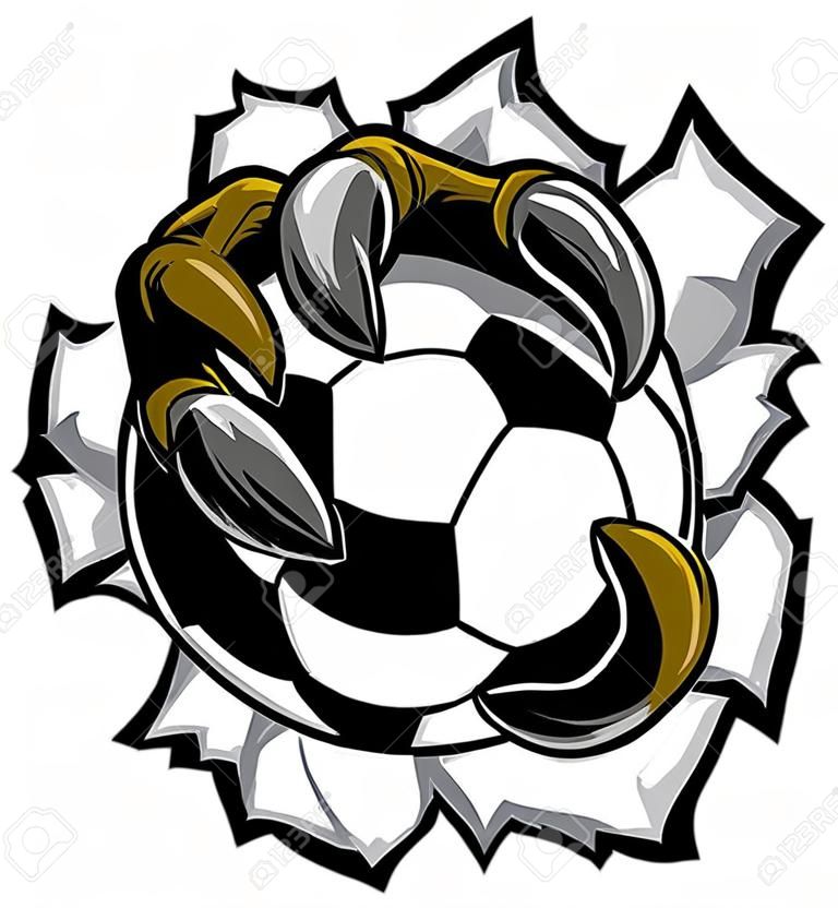 Balón de fútbol con garra de águila y garras sobre fondo de desgarro