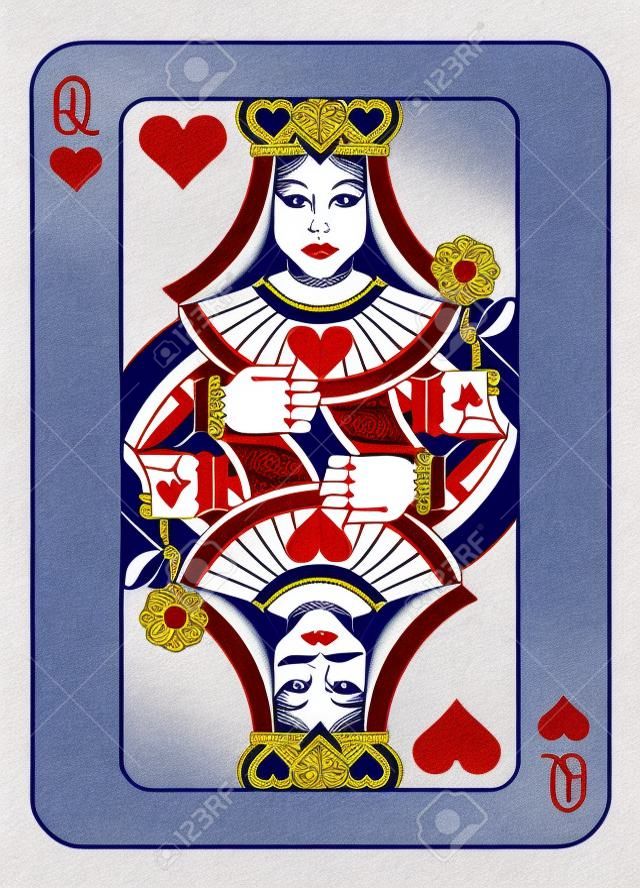 Playing Card Queen of Hearts Red Blue and Black