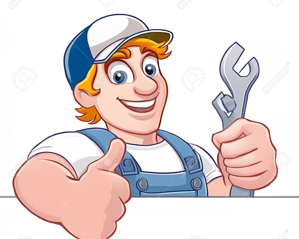 Homme de mascotte de dessin animé de bricoleur d'entretien de plombier mécanicien tenant une clé ou une clé. Jetant un coup d'œil sur un signe et donnant un coup de pouce