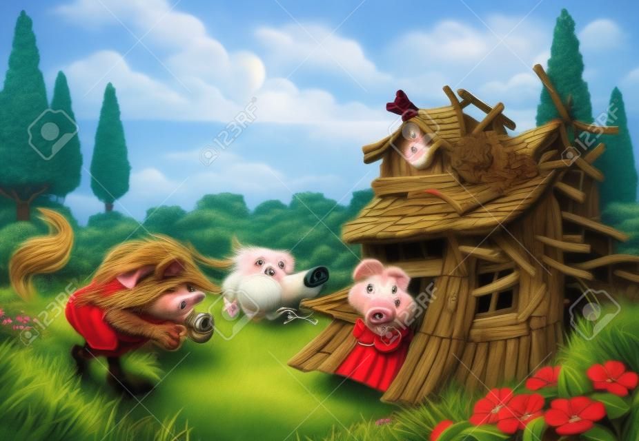 Big Bad Wolf Three Little Pigs Blowing Down House