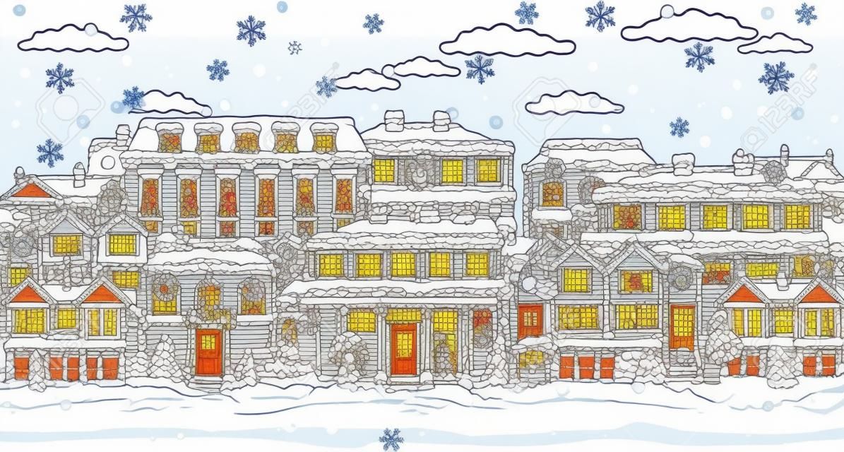 Christmas Snow Houses Coloring Outline Scene