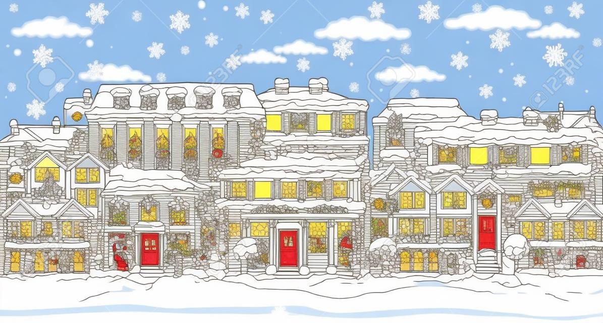 Casas de nieve de Navidad para colorear esquema de escena