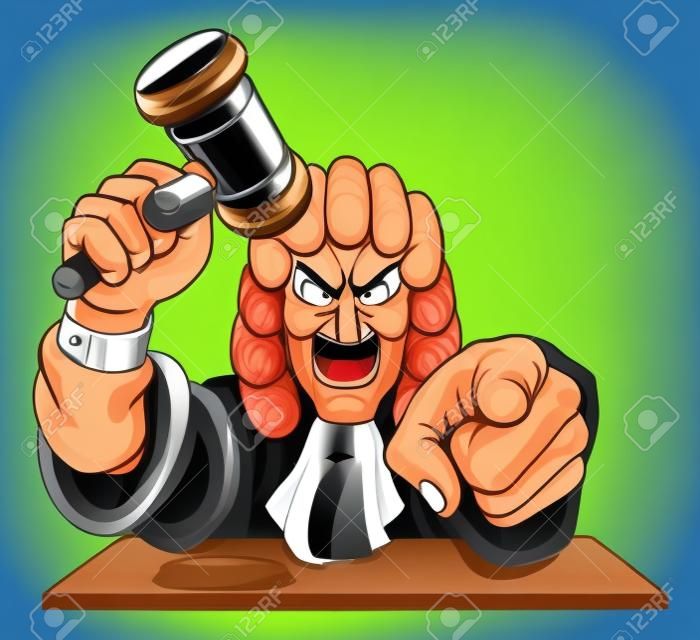 Um personagem de desenho animado de juiz irritado ou maldoso apontando e segurando seu martelo de martelo de martelo