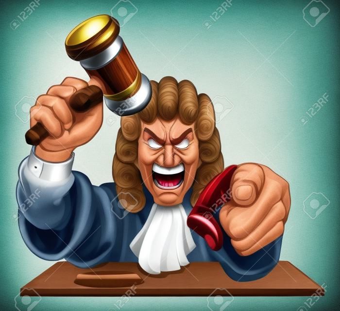 Um personagem de desenho animado de juiz irritado ou maldoso apontando e segurando seu martelo de martelo de martelo