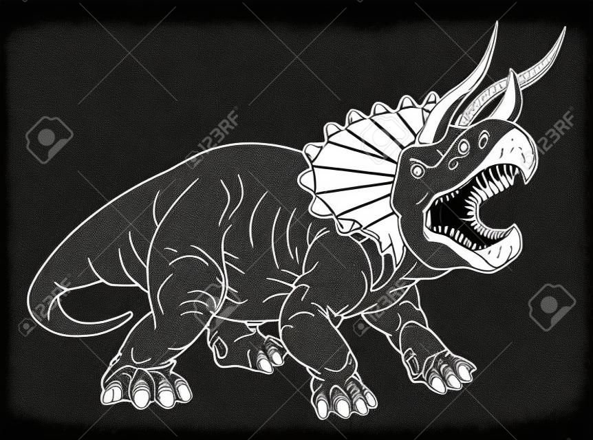 A dinosaur triceratops black and white outline cartoon like a kids coloring book page