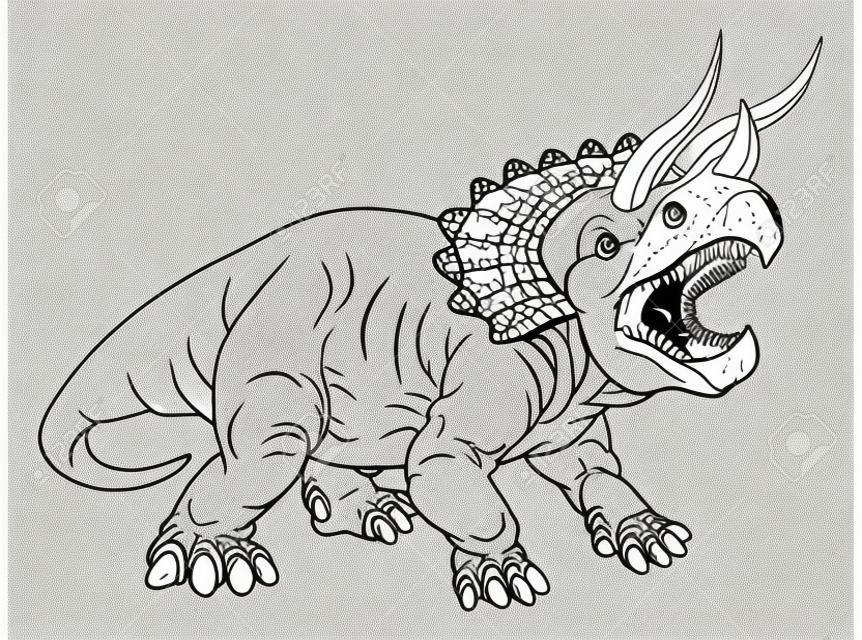 A dinosaur triceratops black and white outline cartoon like a kids coloring book page