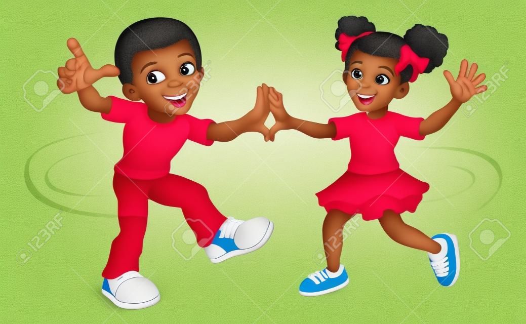 Menina preta e menino desenhos animados crianças dançando