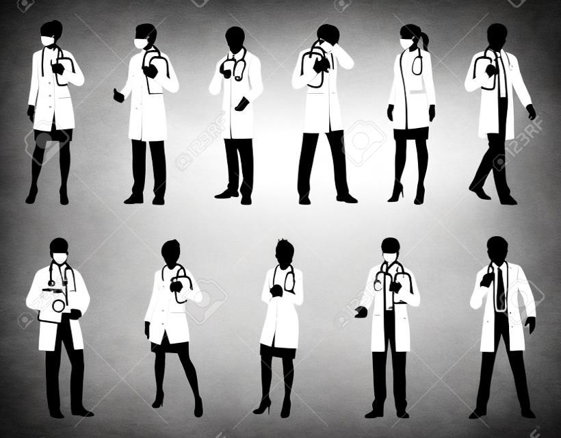Médico Homens e Mulheres Médico Pessoas Silhouette Set