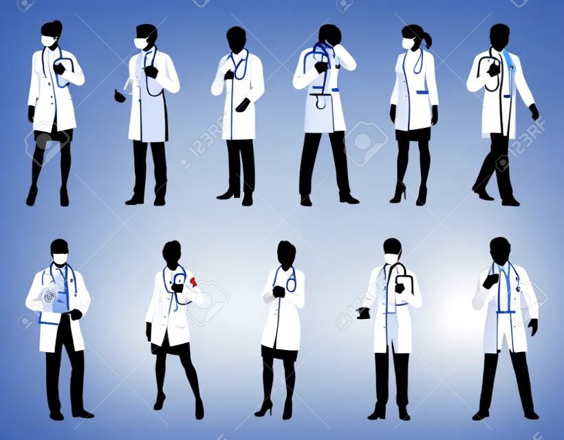 Médico Homens e Mulheres Médico Pessoas Silhouette Set