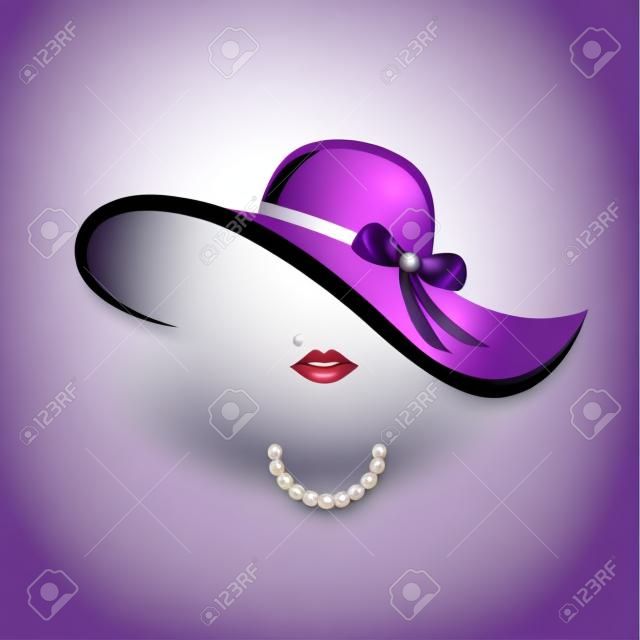 Dame avec chapeau élégant avec noeud violet et collier de perles vector illustration EPS10