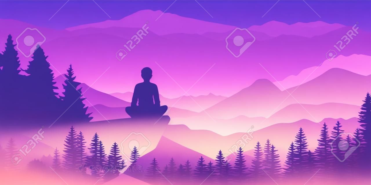 person enjoy the silence at purple mountain nature landscape vector illustration EPS10