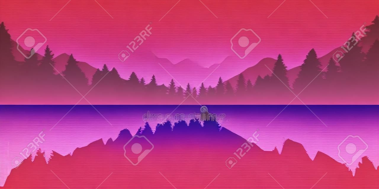 beautiful purple red forest and lake nature landscape at sunrise vector illustration EPS10
